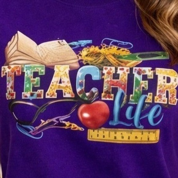 Gildan Heavy Cotton Purple Teacher Life Graphic T-Shirt Women Large Short Sleeve - Picture 6 of 7
